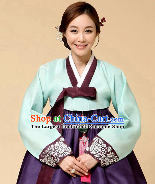Korean Traditional Bride Court Hanbok Light Blue Satin Blouse and Purple Dress Garment Asian Korea Fashion Costume for Women