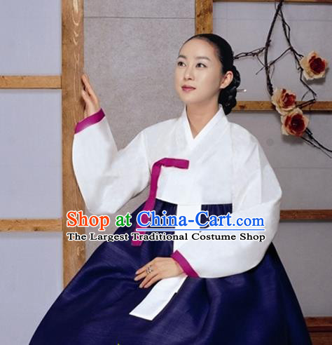 Korean Traditional Bride Mother Hanbok White Satin Blouse and Navy Dress Garment Asian Korea Fashion Costume for Women