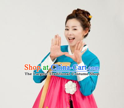 Korean Traditional Bride Mother Hanbok Blue Satin Blouse and Pink Dress Garment Asian Korea Fashion Costume for Women