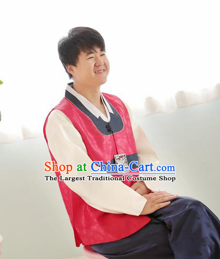 Korean Traditional Wedding Red Vest and Navy Pants Hanbok Asian Korea Bridegroom Fashion Costume for Men