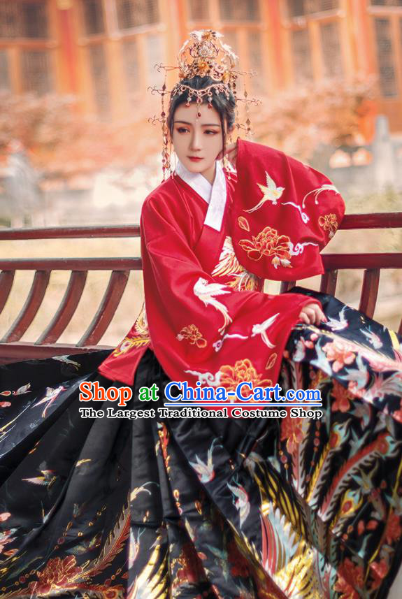 Chinese Traditional Ming Dynasty Princess Red Brocade Blouse and Skirt Ancient Palace Lady Costumes for Women