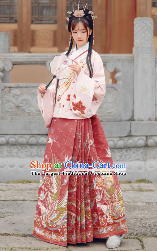 Chinese Traditional Royal Pink Brocade Blouse and Red Skirt Ancient Ming Dynasty Nobility Lady Costumes for Women