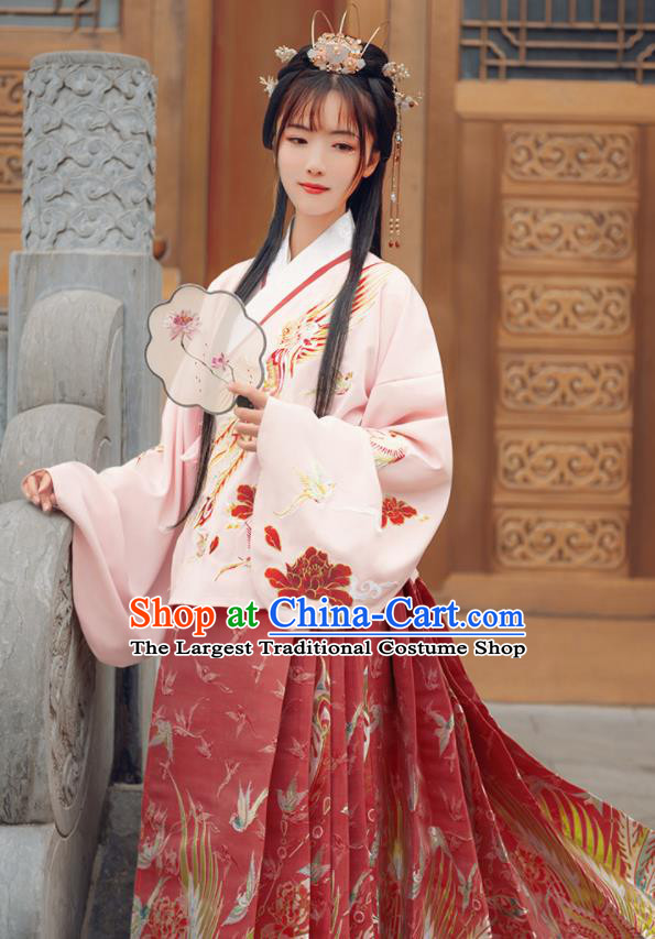 Chinese Traditional Royal Pink Brocade Blouse and Red Skirt Ancient Ming Dynasty Nobility Lady Costumes for Women