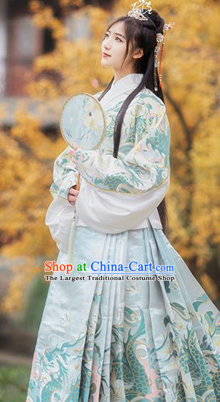 Chinese Traditional Hanfu White Brocade Blouse and Blue Skirt Ancient Ming Dynasty Court Princess Costumes for Women