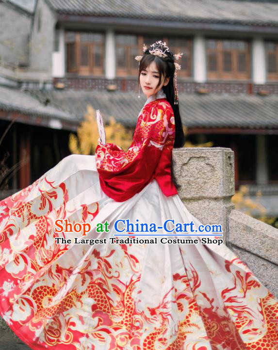 Chinese Traditional Wedding Hanfu Red Brocade Blouse and White Skirt Ancient Ming Dynasty Royal Princess Costumes for Women