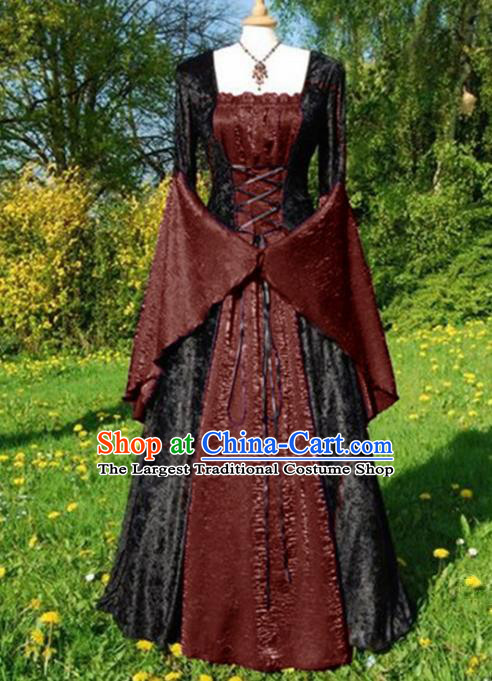 Western Halloween Middle Ages Cosplay Queen Rust Red Dress European Traditional Court Costume for Women