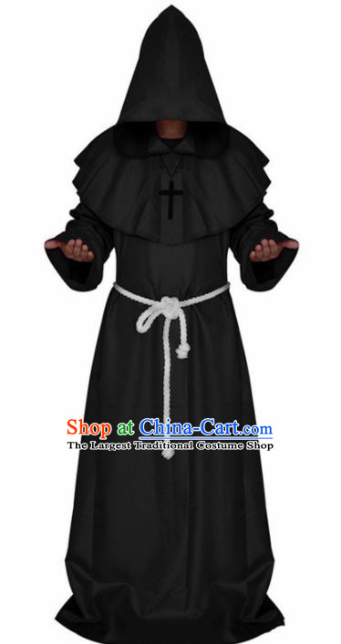 Western Halloween Middle Ages Cosplay Churchman Black Robe European Traditional Missionary Costume for Men
