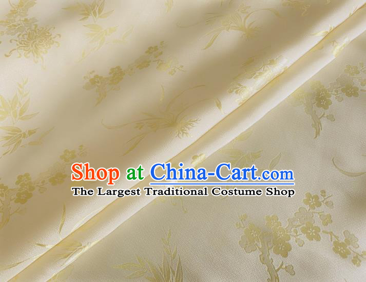 Asian Chinese Classical Plum Orchid Bamboo Chrysanthemum Pattern Design Light Yellow Jacquard Fabric Traditional Cheongsam Silk Material