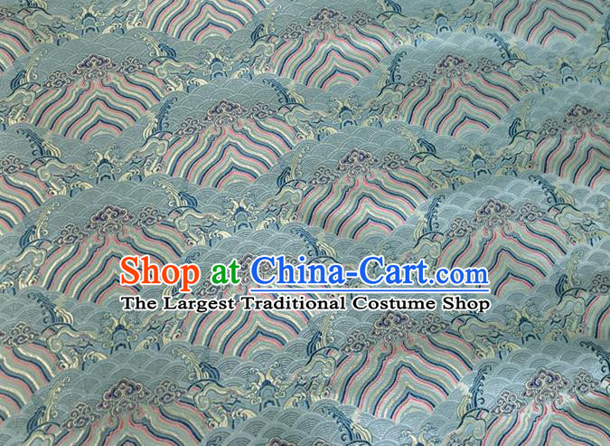 Asian Chinese Classical Wave Cliff Pattern Design Light Blue Brocade Jacquard Fabric Traditional Cheongsam Silk Material