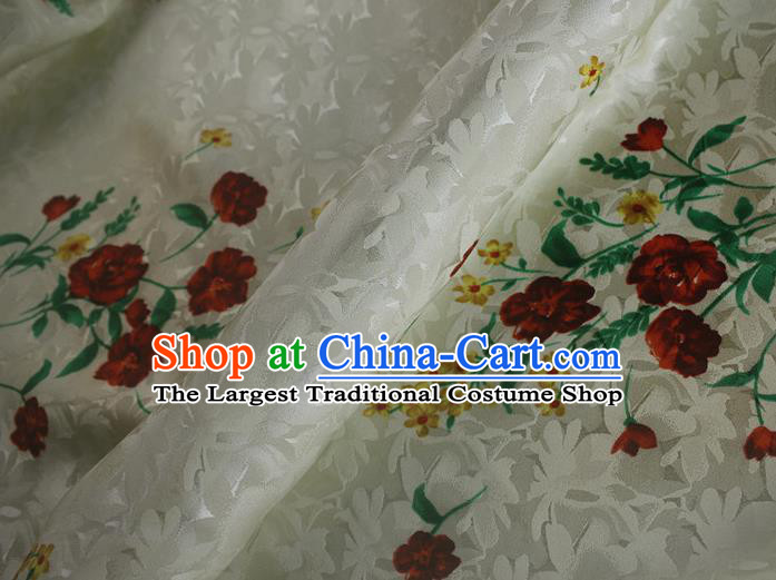 Asian Chinese Classical Printing Flowers Pattern Design Beige Silk Fabric Traditional Cheongsam Brocade Material
