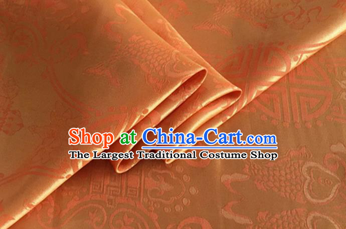 Asian Chinese Classical Double Fish Pattern Design Orange Silk Fabric Traditional Cheongsam Material
