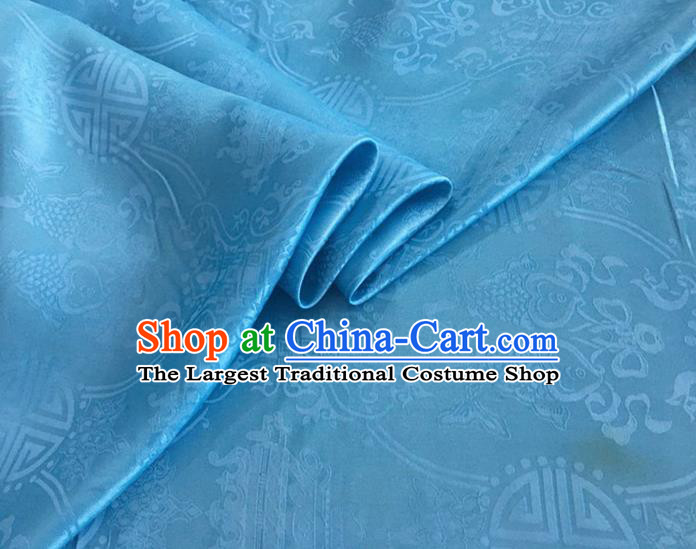 Asian Chinese Classical Double Fish Pattern Design Light Blue Silk Fabric Traditional Cheongsam Material