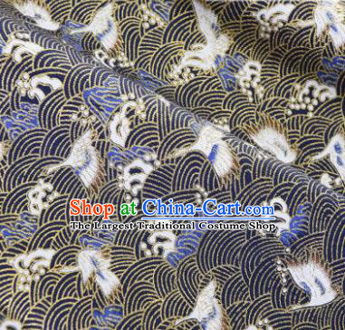 Asian Japanese Classical Wave Crane Pattern Design Navy Silk Fabric Traditional Kimono Brocade Material