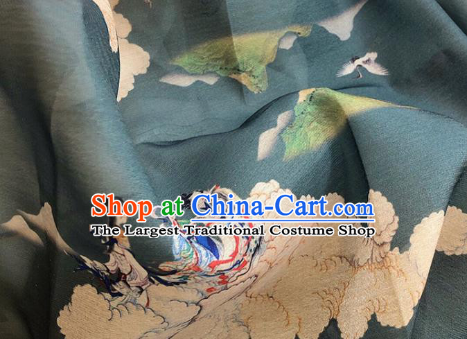 Asian Chinese Classical Printing Pattern Design Green Silk Fabric Traditional Hanfu Brocade Material