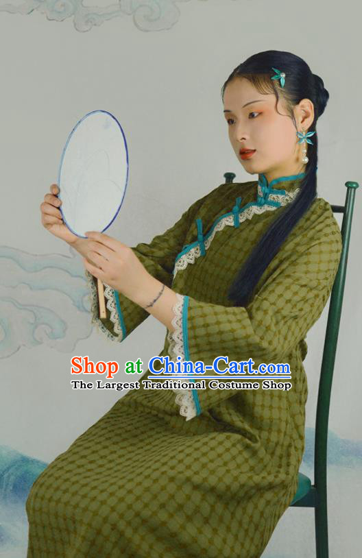 Chinese Traditional Olive Green Linen Qipao Dress National Costume Cheongsam for Women