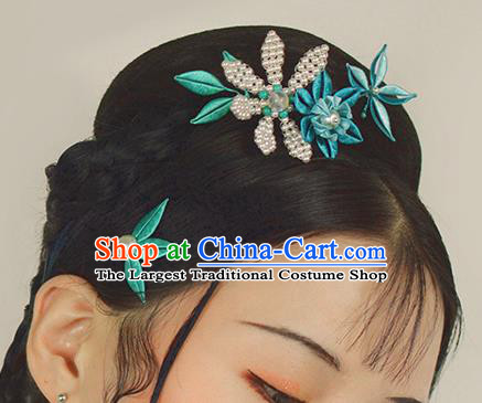 Chinese Traditional Blue Flower Pearls Hairpin Handmade Hanfu Hair Accessories for Women