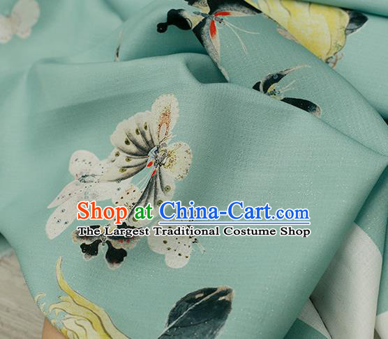 Asian Chinese Classical Printing Butterfly Pattern Design Green Silk Fabric Traditional Hanfu Brocade Material