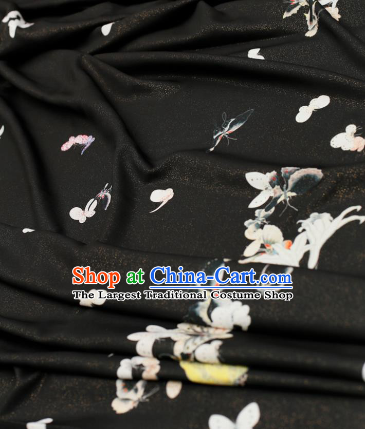 Asian Chinese Classical Printing Butterfly Pattern Design Black Silk Fabric Traditional Hanfu Brocade Material
