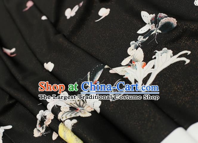 Asian Chinese Classical Printing Butterfly Pattern Design Black Silk Fabric Traditional Hanfu Brocade Material