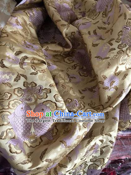 Asian Chinese Classical Double Fish Pattern Design Golden Silk Fabric Traditional Nanjing Brocade Material