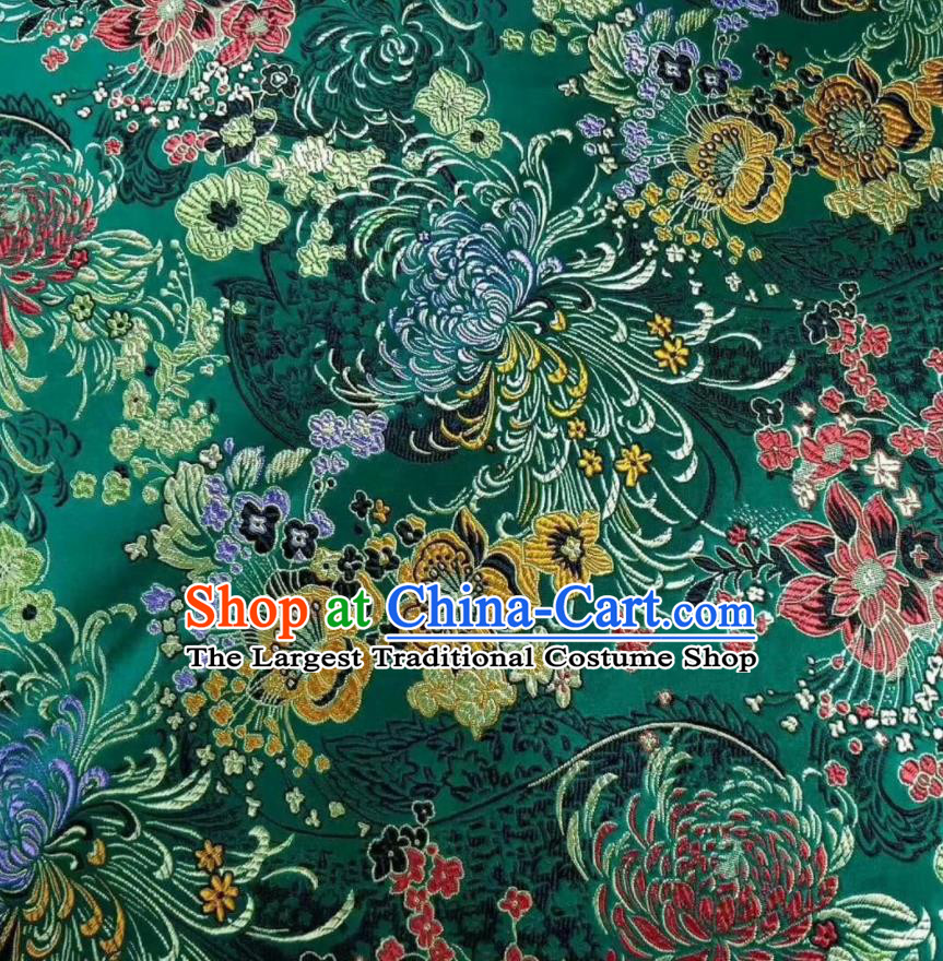 Asian Chinese Classical Chrysanthemum Pattern Design Green Silk Fabric Traditional Nanjing Brocade Material