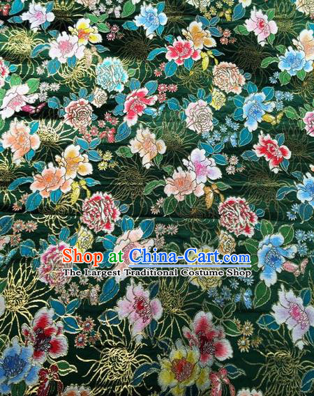 Asian Chinese Classical Peony Chrysanthemum Pattern Design Green Silk Fabric Traditional Nanjing Brocade Material