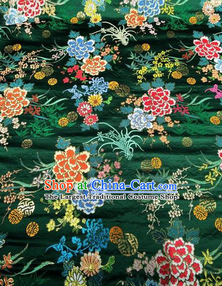 Asian Chinese Classical Peony Plum Orchid Pattern Design Green Silk Fabric Traditional Nanjing Brocade Material