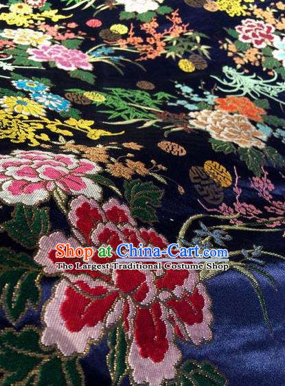 Asian Chinese Classical Peony Plum Orchid Pattern Design Navy Silk Fabric Traditional Nanjing Brocade Material
