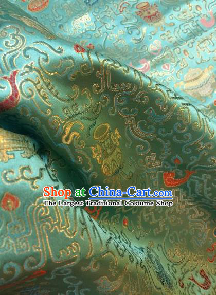 Asian Chinese Classical Eight Treasures Pattern Design Green Silk Fabric Traditional Nanjing Brocade Material