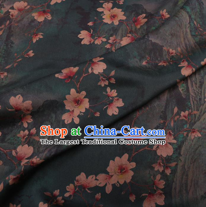 Asian Chinese Classical Yulan Magnolia Pattern Design Atrovirens Watered Gauze Fabric Traditional Silk Material
