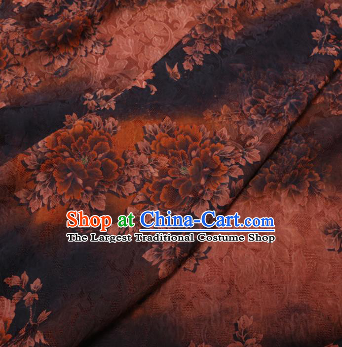 Asian Chinese Classical Peony Pattern Design Brown Watered Gauze Fabric Traditional Silk Material