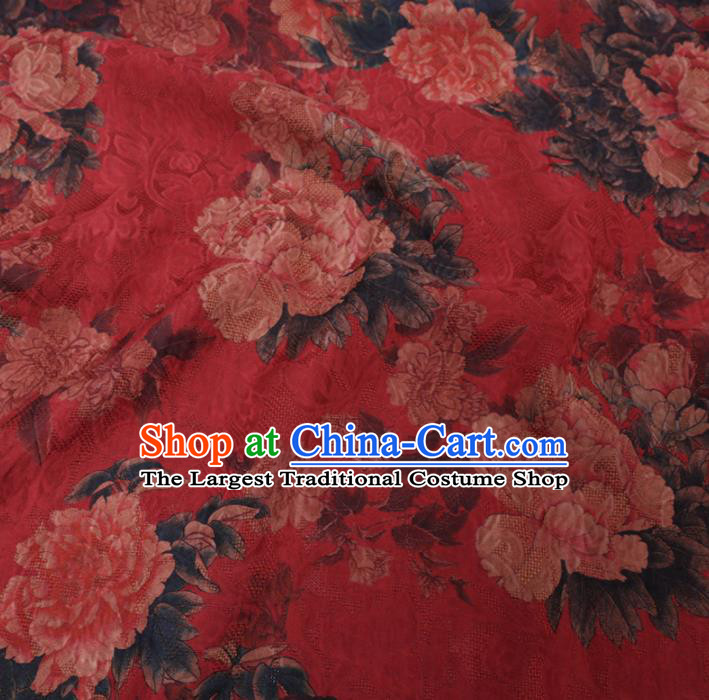 Asian Chinese Classical Peony Flowers Pattern Design Red Watered Gauze Fabric Traditional Silk Material
