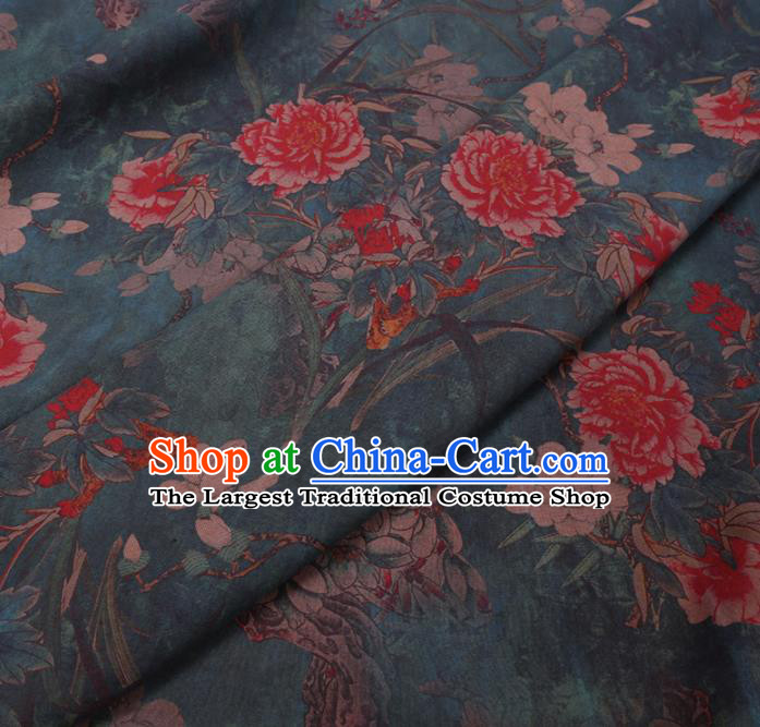 Chinese Cheongsam Classical Peony Magnolia Pattern Design Green Watered Gauze Fabric Asian Traditional Silk Material