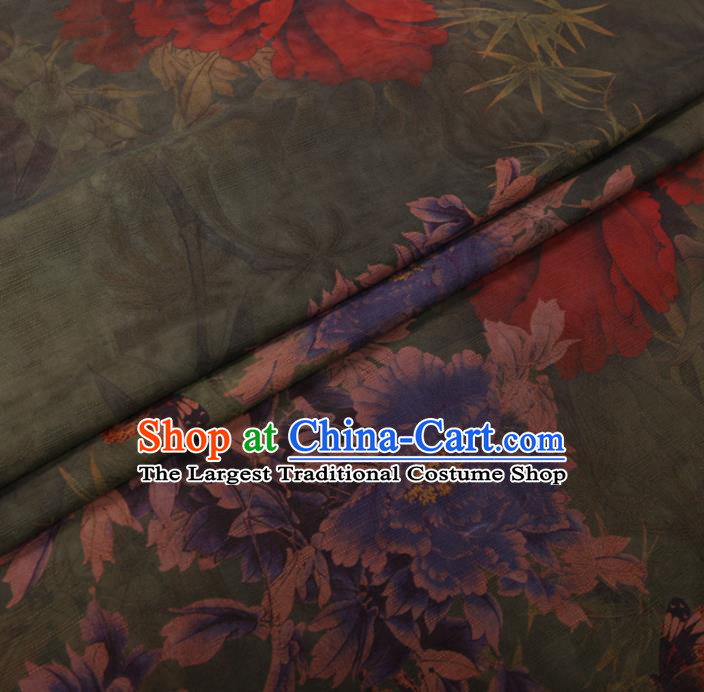 Chinese Cheongsam Classical Peony Bamboo Pattern Design Green Watered Gauze Fabric Asian Traditional Silk Material