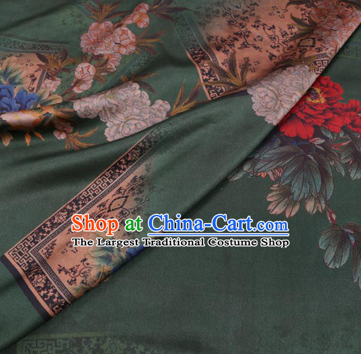 Chinese Cheongsam Classical Peony Pattern Design Atrovirens Watered Gauze Fabric Asian Traditional Silk Material