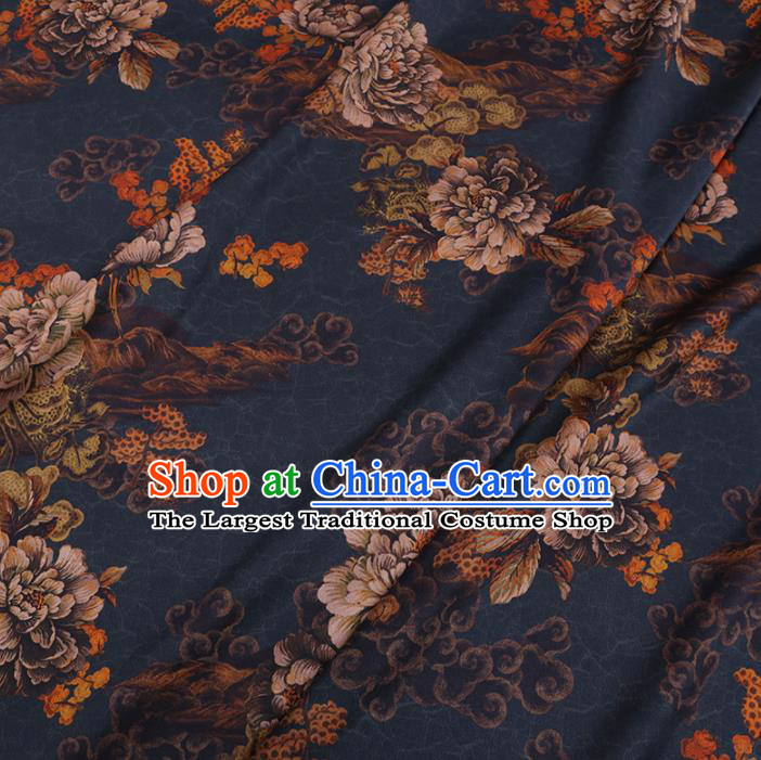 Chinese Cheongsam Classical Peony Pattern Design Navy Watered Gauze Fabric Asian Traditional Silk Material