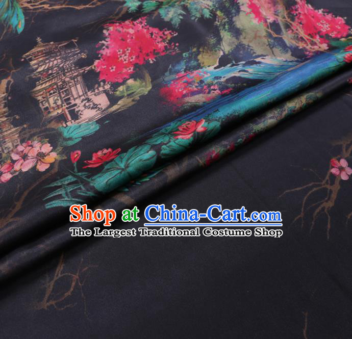 Chinese Cheongsam Classical Peach Blossom Lotus Pattern Design Black Watered Gauze Fabric Asian Traditional Silk Material