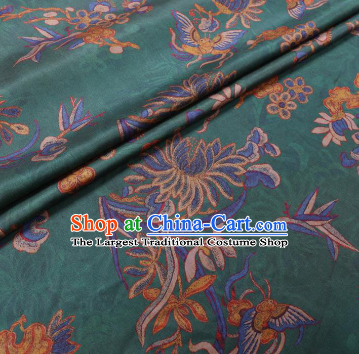 Chinese Cheongsam Classical Chrysanthemum Butterfly Pattern Design Green Watered Gauze Fabric Asian Traditional Silk Material