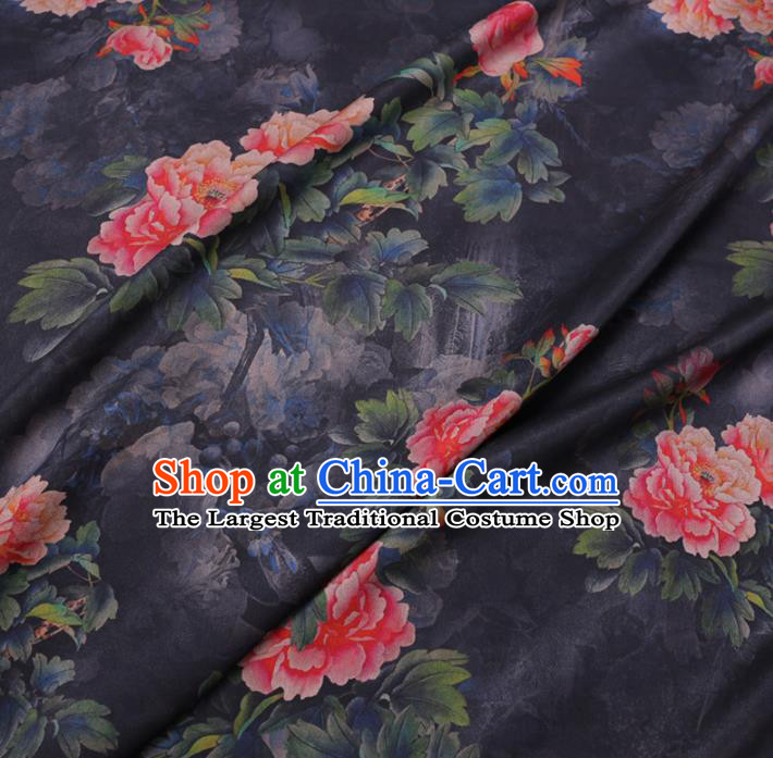 Chinese Cheongsam Classical Peony Pattern Design Navy Watered Gauze Fabric Asian Traditional Silk Material