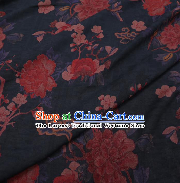 Chinese Cheongsam Classical Peony Plum Pattern Design Black Watered Gauze Fabric Asian Traditional Silk Material