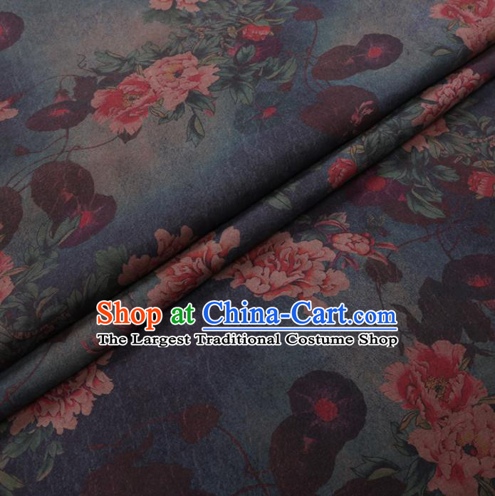 Chinese Cheongsam Classical Peony Pattern Design Deep Blue Watered Gauze Fabric Asian Traditional Silk Material
