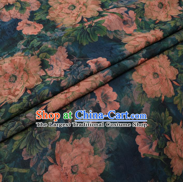 Asian Chinese Classical Peony Pattern Design Blue Watered Gauze Fabric Traditional Silk Material