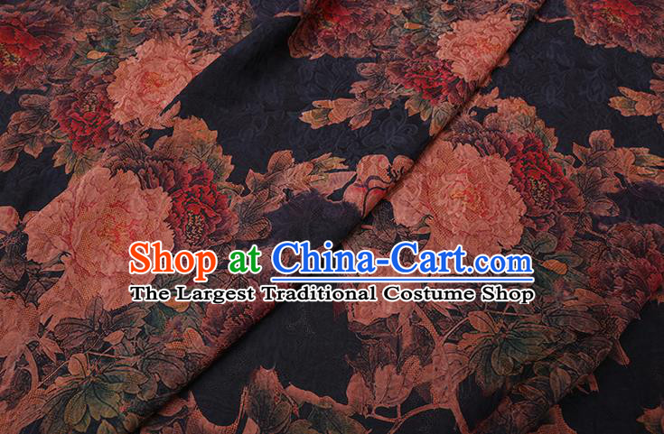 Chinese Cheongsam Classical Peony Pattern Design Black Watered Gauze Fabric Asian Traditional Silk Material