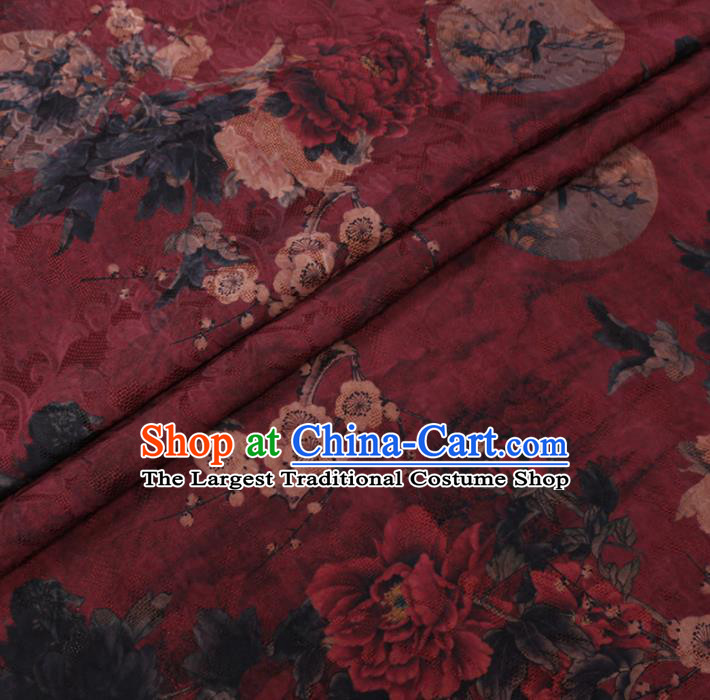 Asian Chinese Classical Peony Plum Pattern Design Dark Red Watered Gauze Fabric Traditional Silk Material