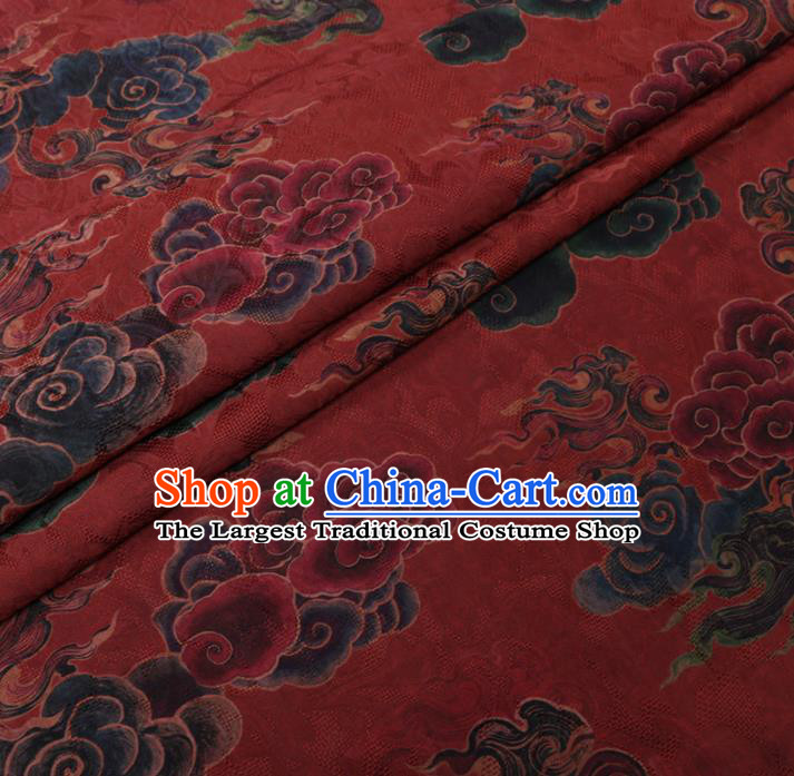 Asian Chinese Classical Auspicious Cloud Pattern Design Dark Red Watered Gauze Fabric Traditional Silk Material