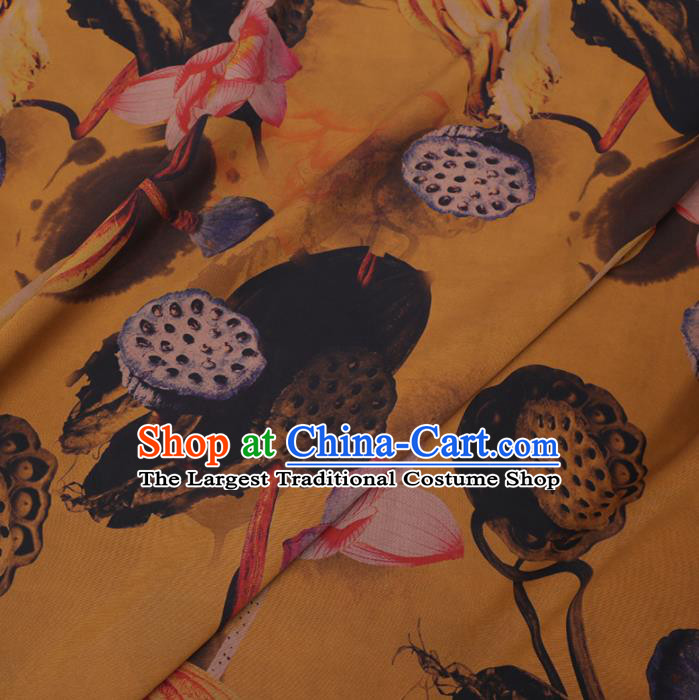 Chinese Cheongsam Classical Lotus Pattern Design Yellow Watered Gauze Fabric Asian Traditional Silk Material