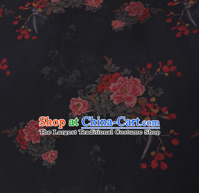 Chinese Cheongsam Classical Peony Bird Pattern Design Black Watered Gauze Fabric Asian Traditional Silk Material