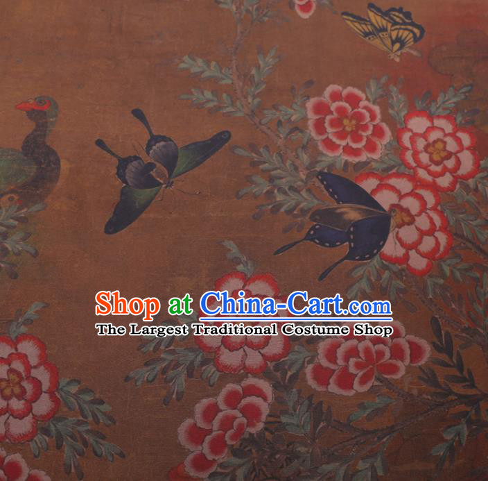Chinese Cheongsam Classical Flowers Butterfly Pattern Design Ginger Watered Gauze Fabric Asian Traditional Silk Material
