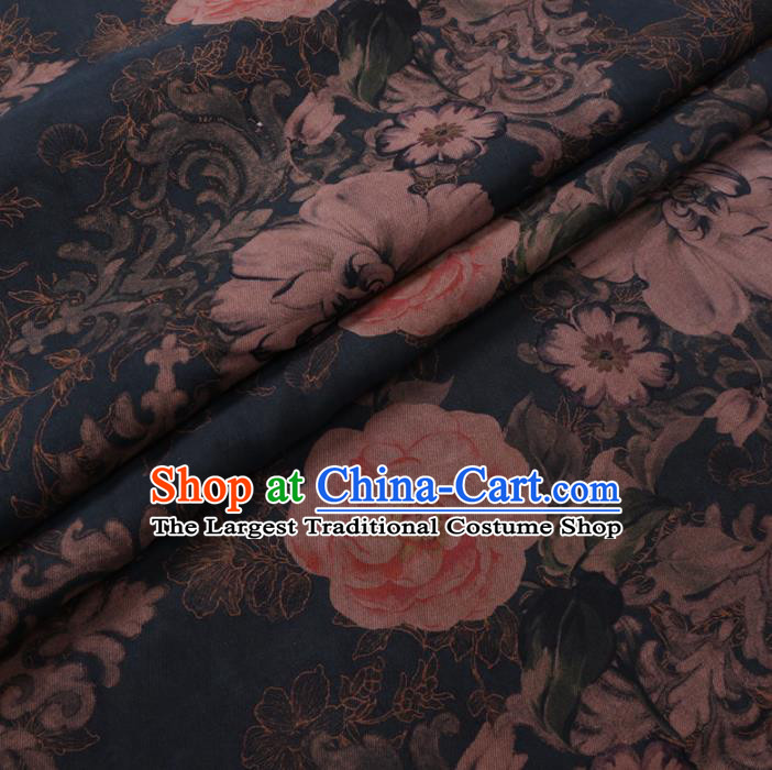 Chinese Cheongsam Classical Camellia Pattern Design Navy Watered Gauze Fabric Asian Traditional Silk Material