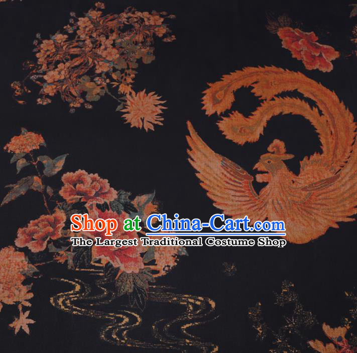 Chinese Cheongsam Classical Phoenix Peony Pattern Design Black Watered Gauze Fabric Asian Traditional Silk Material